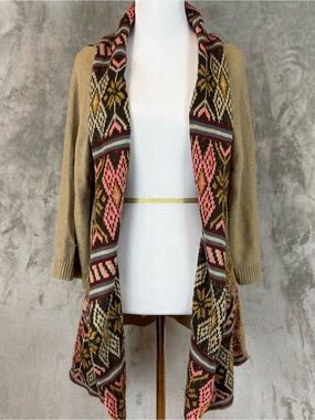 Angie Boho Fair Isle Open Front Cardigan Sweater Draped Knit Wmn’s M
